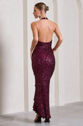 Plum Sequin High-Neck Open-Back Maxi Dress With Drape